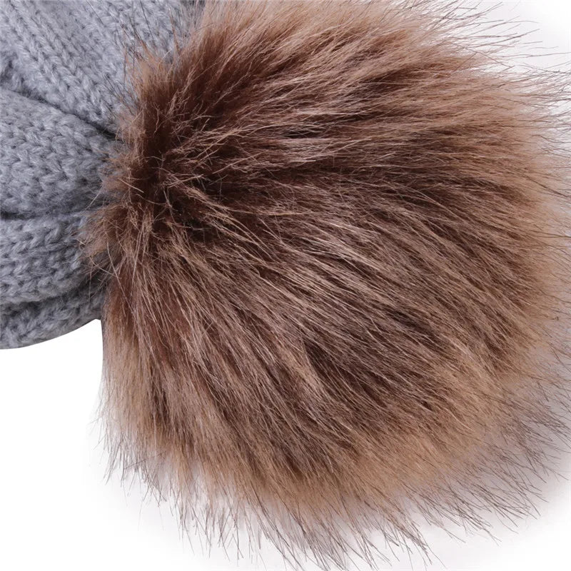Bonnets chaud tricot Automne hiver pour femmes chapeau grande boule de cheveux plus velours chapeaux solide
