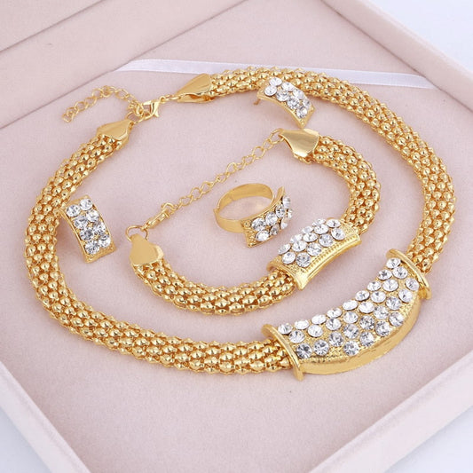 Parure de bijoux doré, Ensemble de collier, bracelet, boucle d'oreille et bague