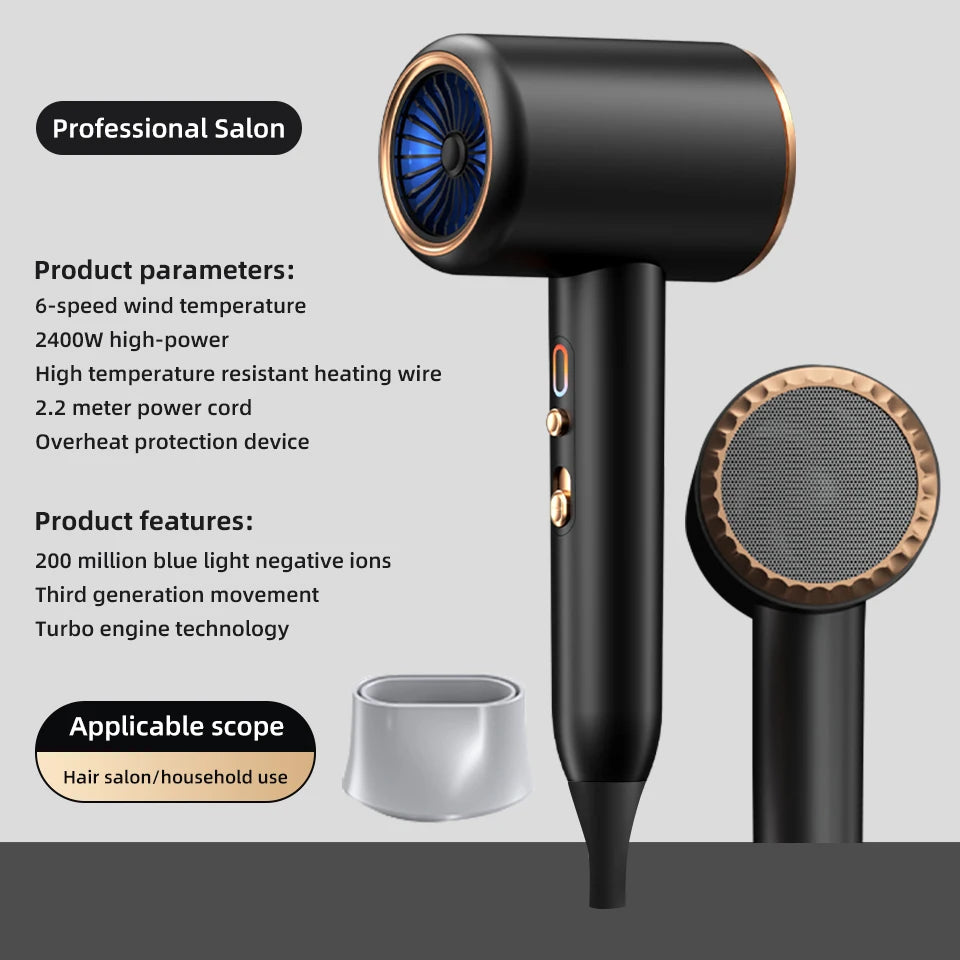 Sèche-cheveux ionique professionnel 2400 W, véritables sèche-cheveux ioniques, 3 températures, 2 vitesses, sèche-cheveux ionique avec concentrateur et diffuseur