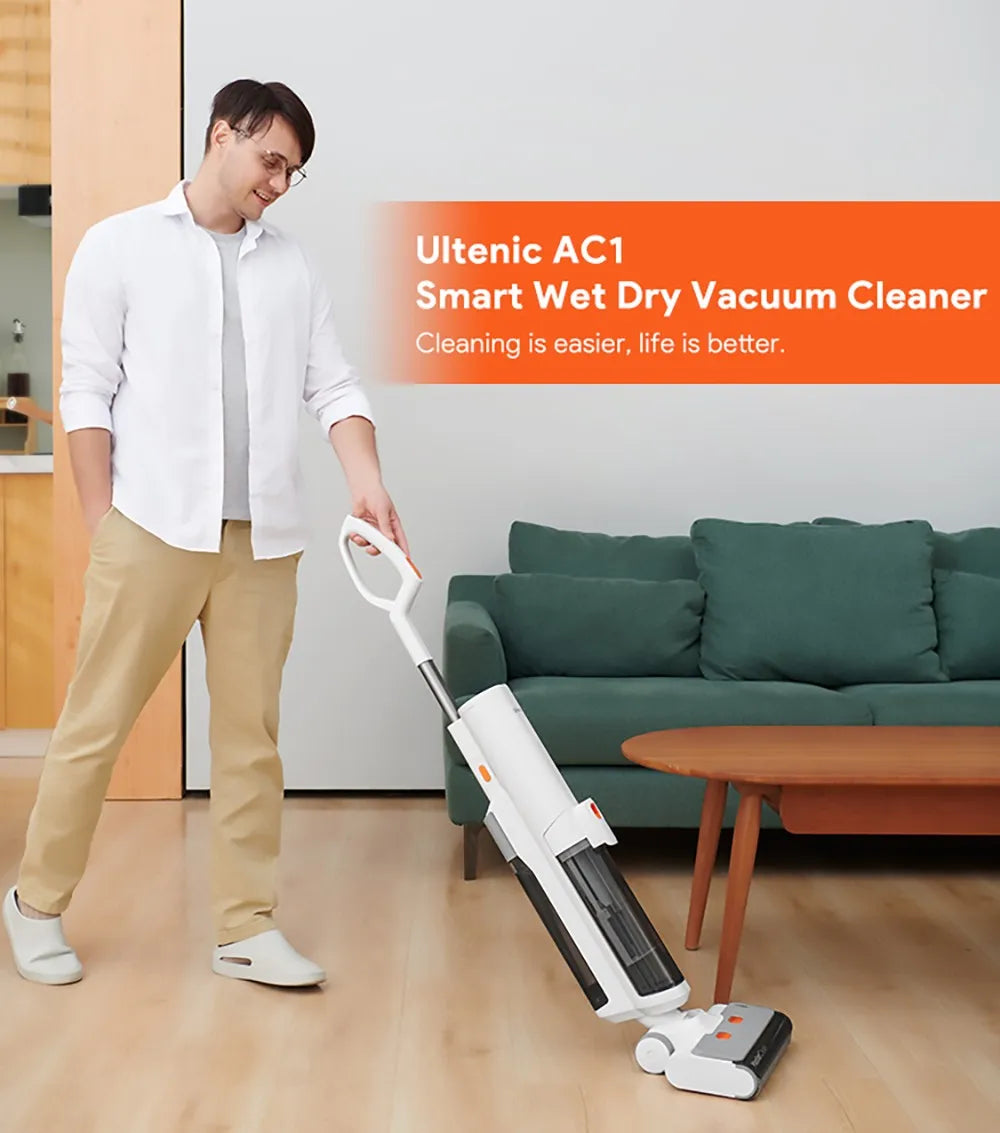 Ultenic AC1 Cordless Wet Dry Vacuum Cleaner 15KPa Suction, 2L Water Tanks Dual Edge Cleaning 45min Runtime Smart LED