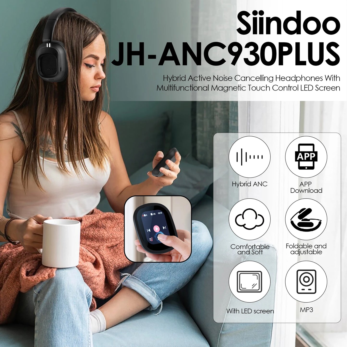 Casque hybride sans fil Siindoo JH-ANC930Plus, réduction active du bruit, avec écran LED tactile multi-magnétique
