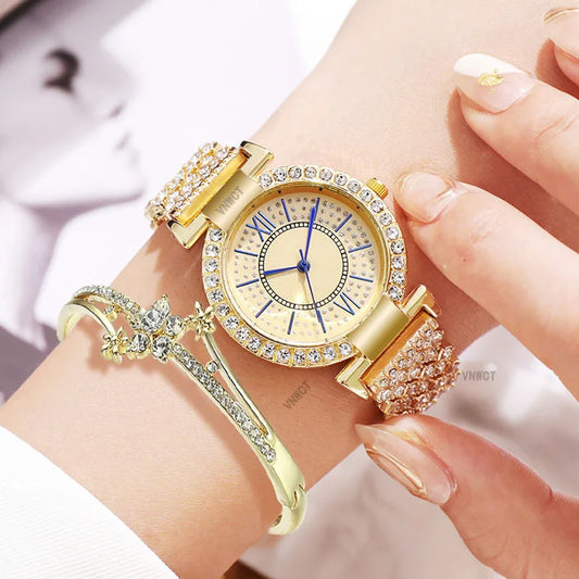 Montre de luxe pour femmes, marque de luxe, ensemble de bracelets en acier et diamant,