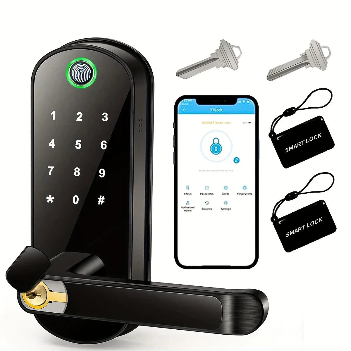 Serrure Intelligente avec Clavier Numérique, Empreinte Digitale et Application pour Smartphone, deux cartes passe, Deux Clés de Secours Incluses
