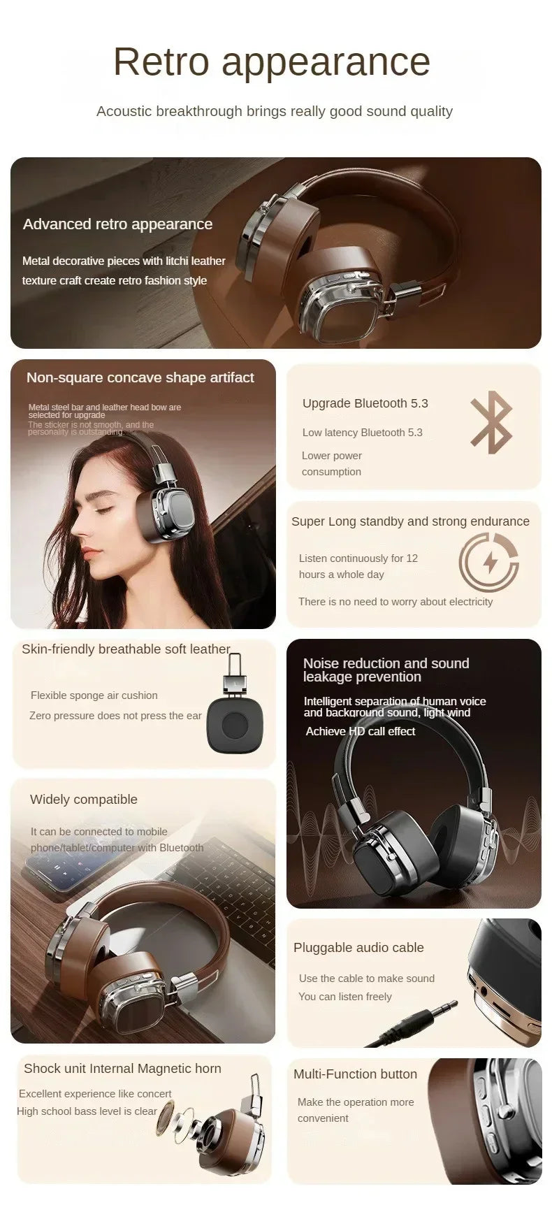 Écouteurs Bluetooth sans fil RC-8 Retro TWS avec double micro et réduction du bruit