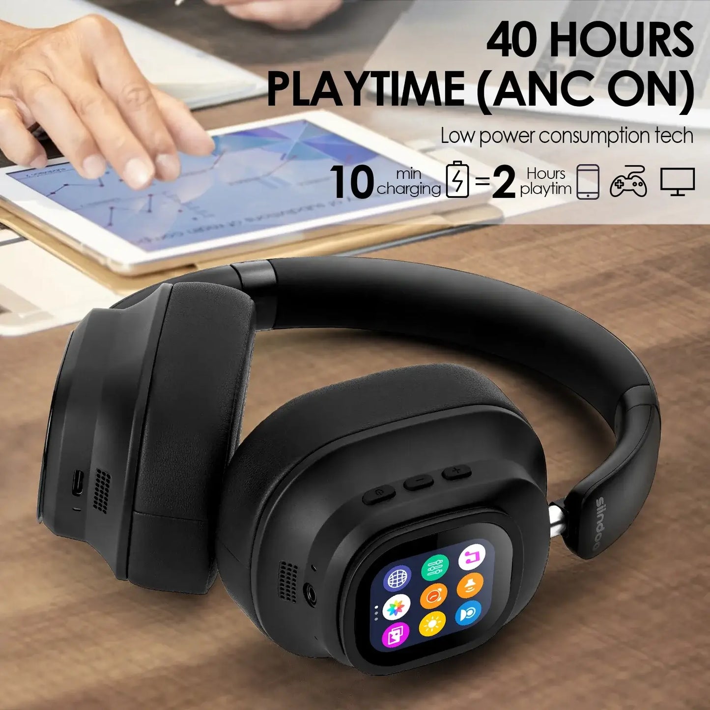 Casque hybride sans fil Siindoo JH-ANC930Plus, réduction active du bruit, avec écran LED tactile multi-magnétique