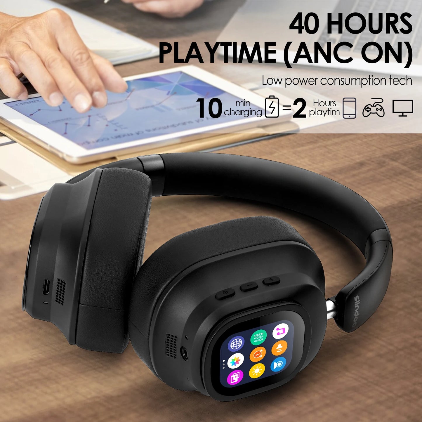 Casque hybride sans fil Siindoo JH-ANC930Plus, réduction active du bruit, avec écran LED tactile multi-magnétique