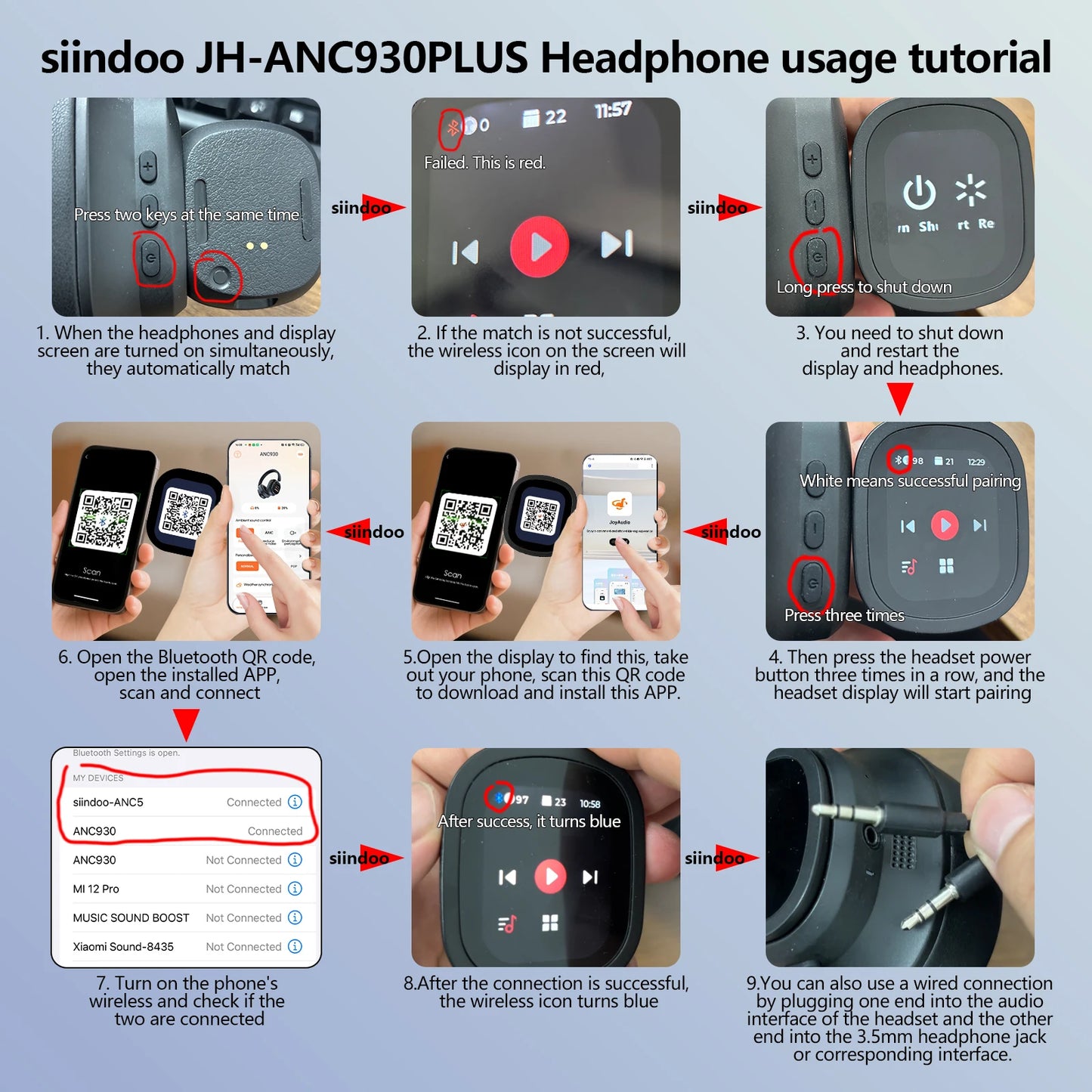 Casque hybride sans fil Siindoo JH-ANC930Plus, réduction active du bruit, avec écran LED tactile multi-magnétique