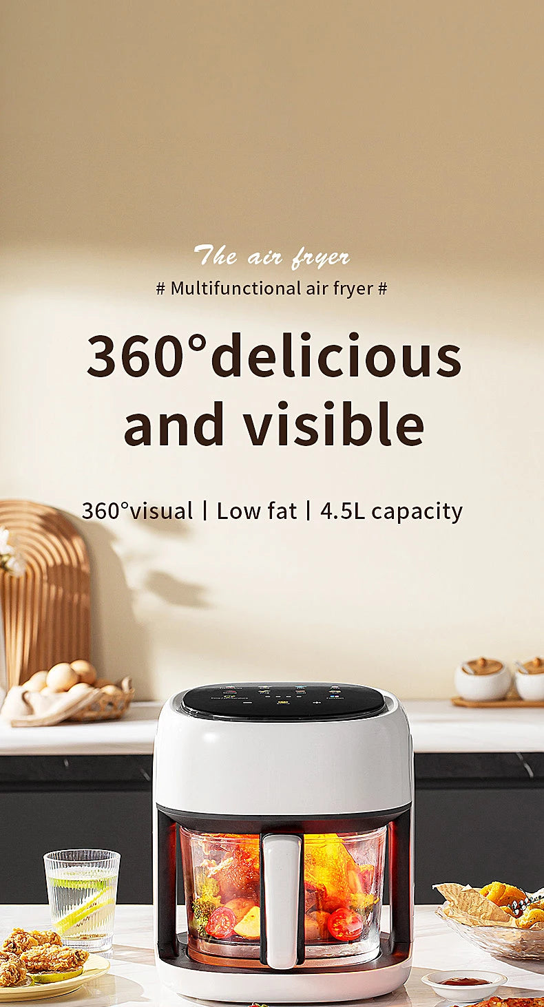 Friteuse à air électrique intelligente Four à convection de grande capacité Friteuse sans huile Cuisine Cuisson à 360 ° Fenêtre visible Appareils ménagers