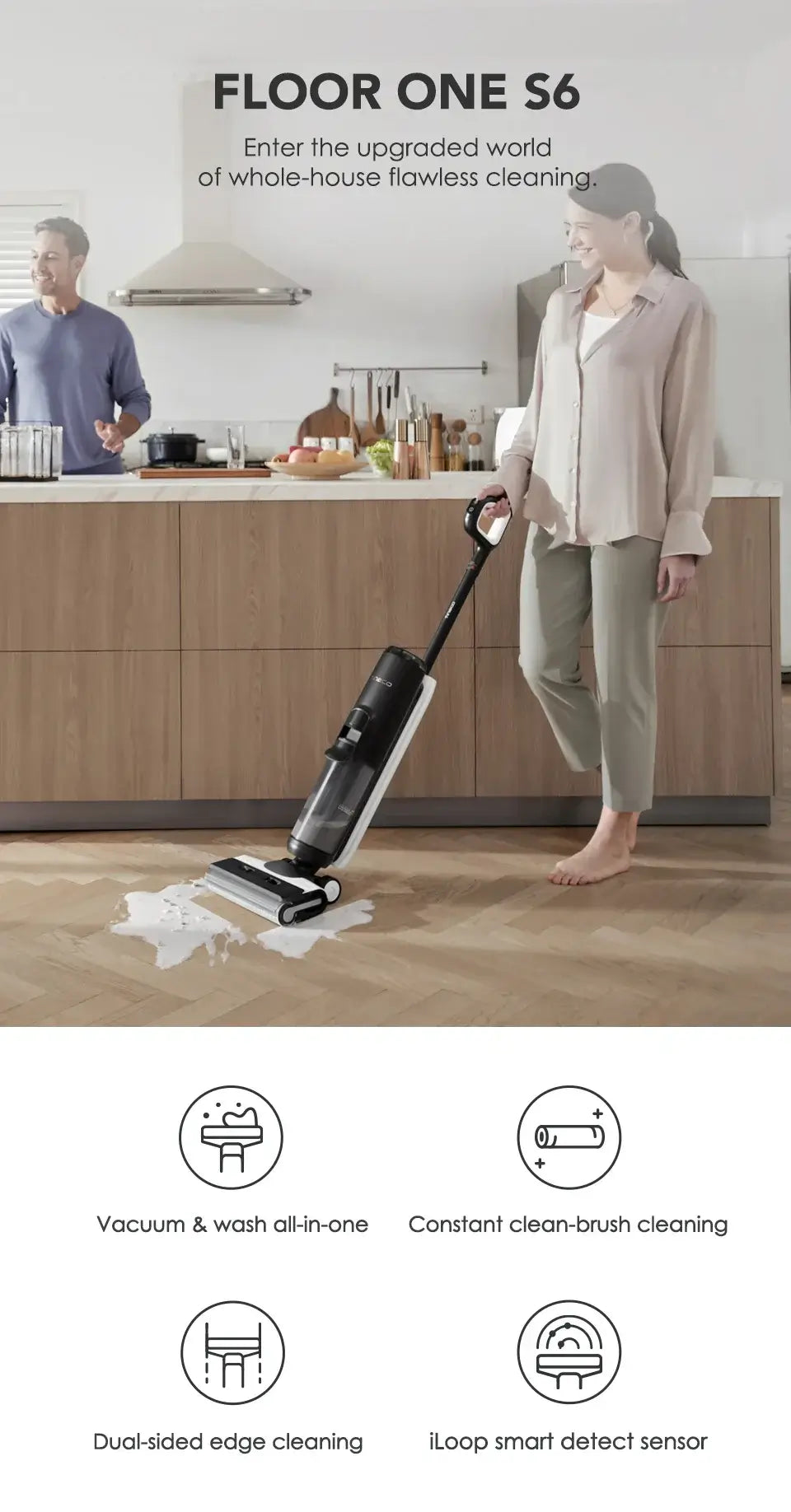 Tineco Floor One S6 Aspirateur sec et humide sans fil, lave-sol, balai, tout-en-un pour sols durs, nettoyage des bords double face par LED