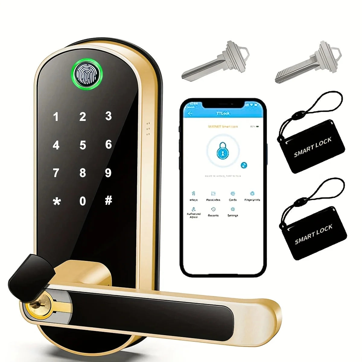 Serrure Intelligente avec Clavier Numérique, Empreinte Digitale et Application pour Smartphone, deux cartes passe, Deux Clés de Secours Incluses