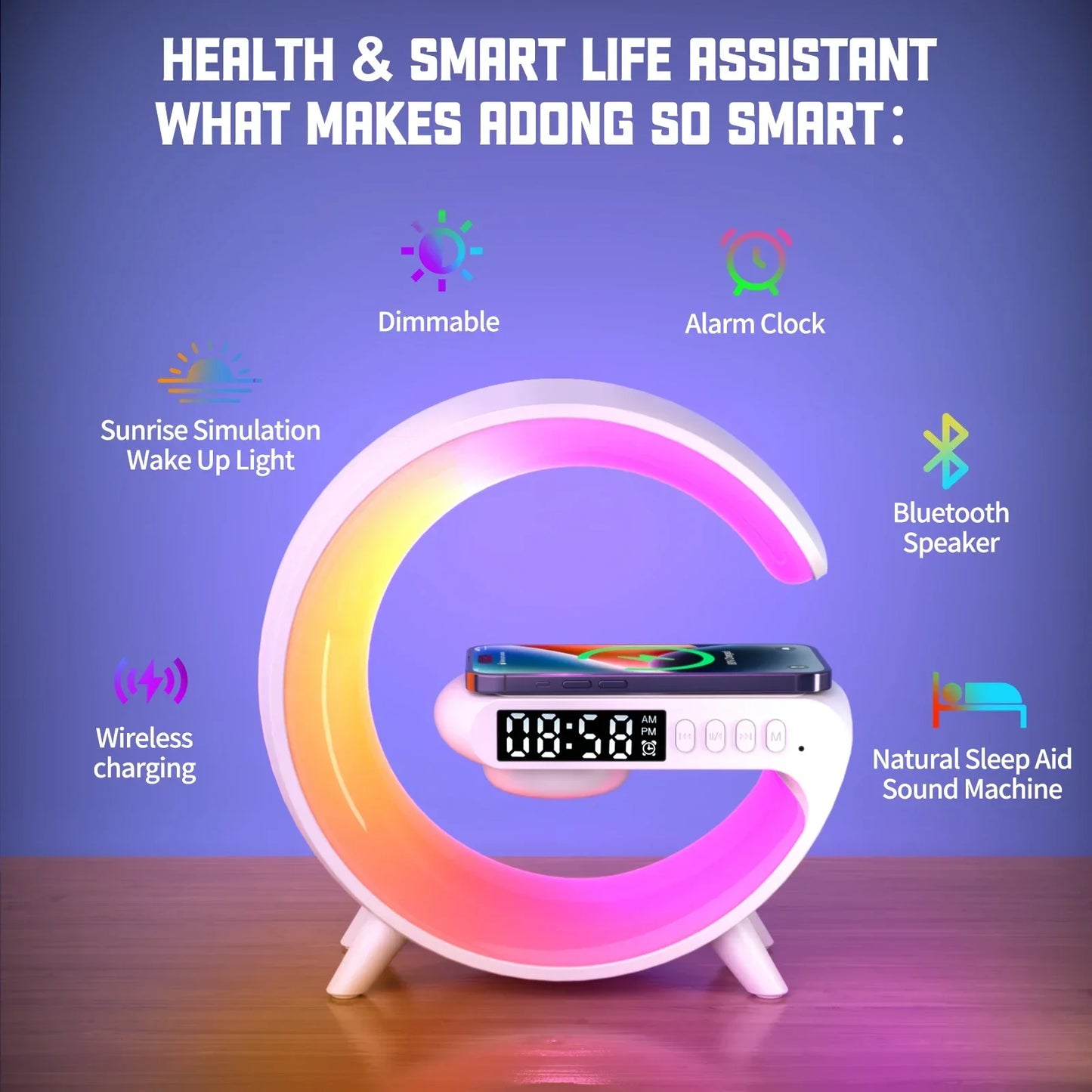 Mashin Haut-Parleur avec lumières,Haut-Parleur sans Fil Lumineux en G | Minuterie réveil Chargeur support Couleur Changeante sans Fil LED Lampe Musique pour l'extérieur