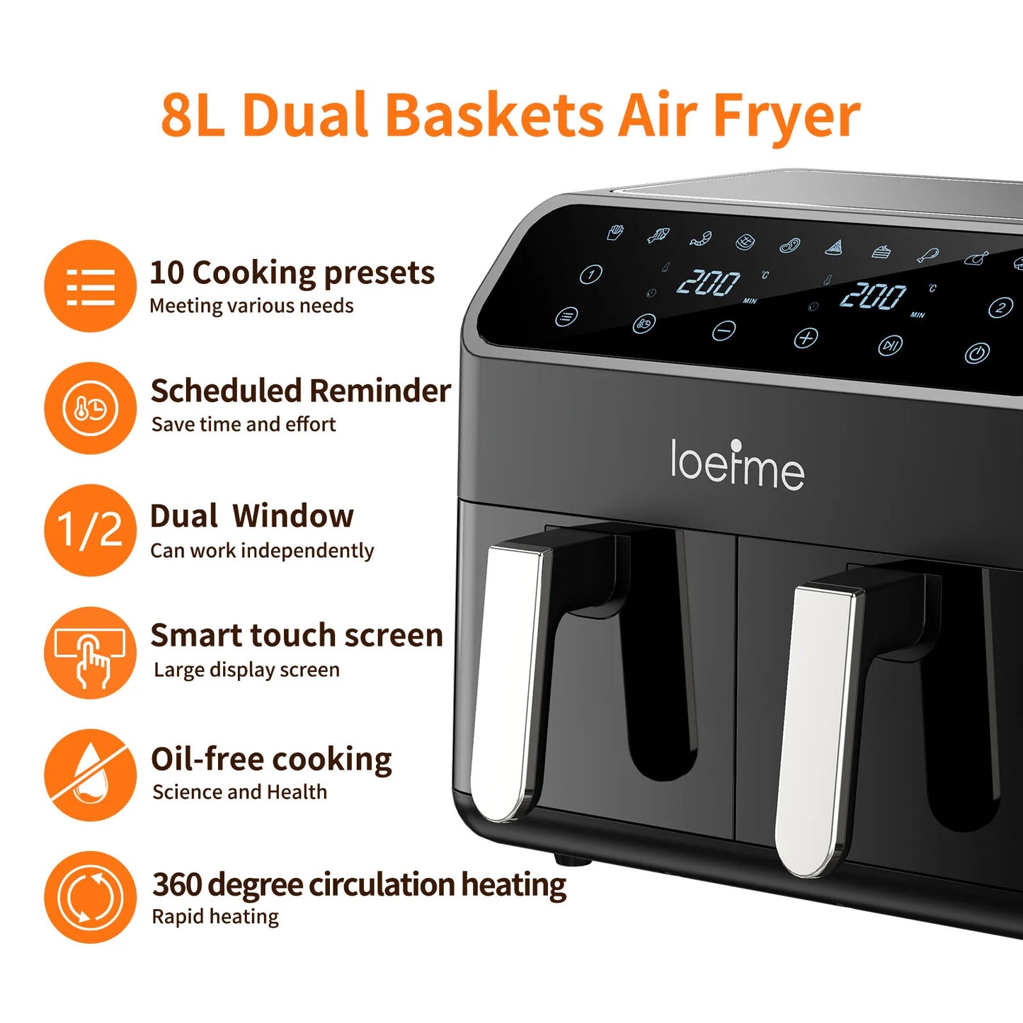 Friteuse à air haute puissance 8L Double entrepôt Poulet frit et frites Friteuse électrique Four électrique intelligent sans huile
