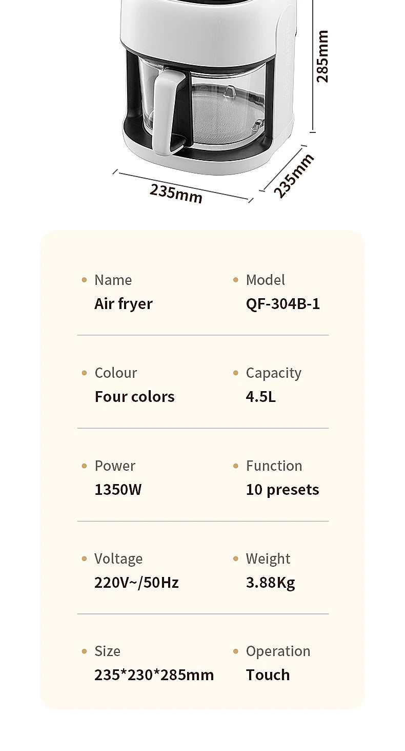 Friteuse à air électrique intelligente Four à convection de grande capacité Friteuse sans huile Cuisine Cuisson à 360 ° Fenêtre visible Appareils ménagers
