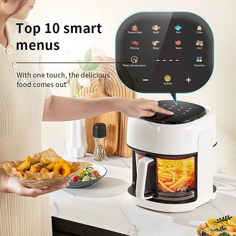Friteuse à air électrique intelligente Four à convection de grande capacité Friteuse sans huile Cuisine Cuisson à 360 ° Fenêtre visible Appareils ménagers