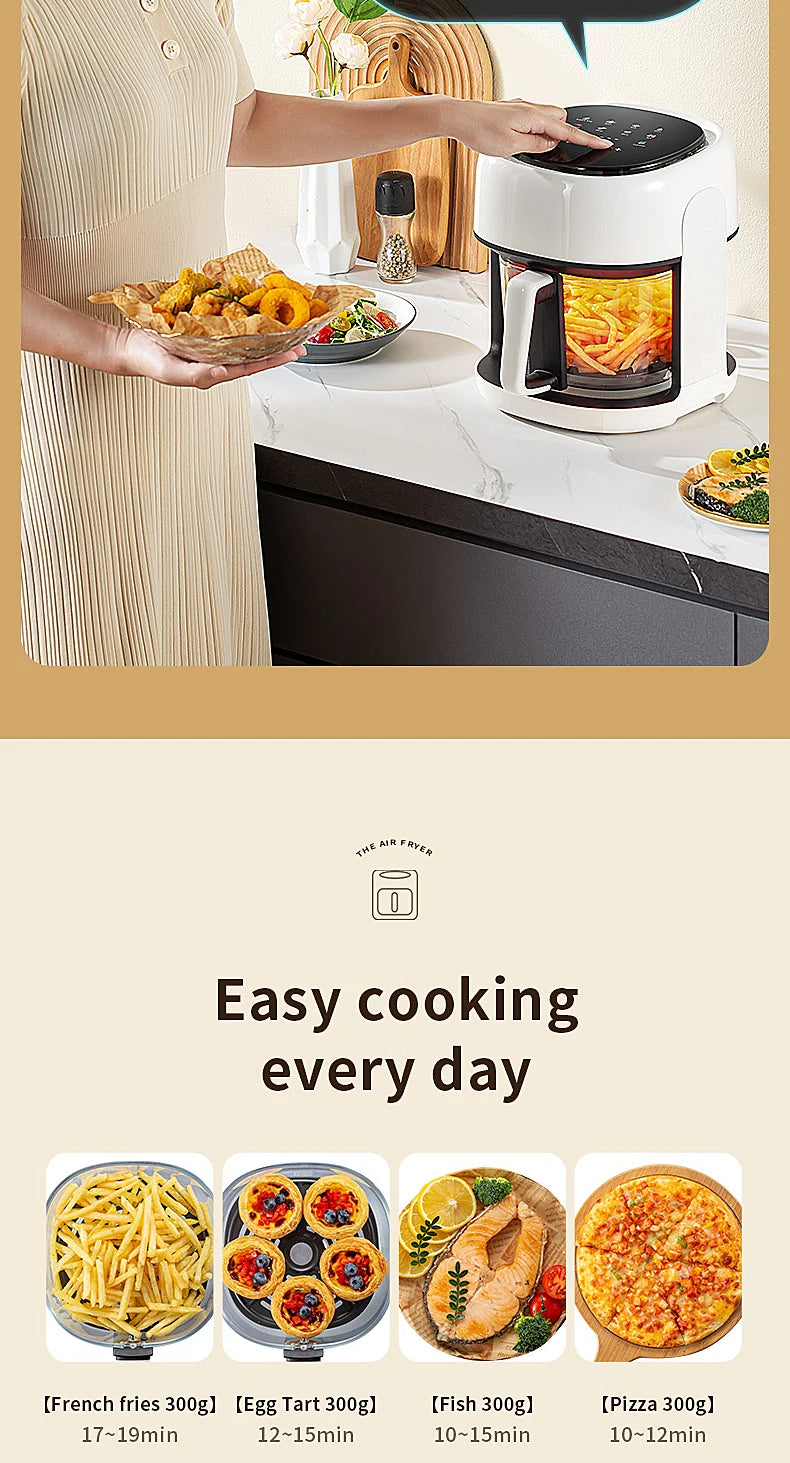 Friteuse à air électrique intelligente Four à convection de grande capacité Friteuse sans huile Cuisine Cuisson à 360 ° Fenêtre visible Appareils ménagers