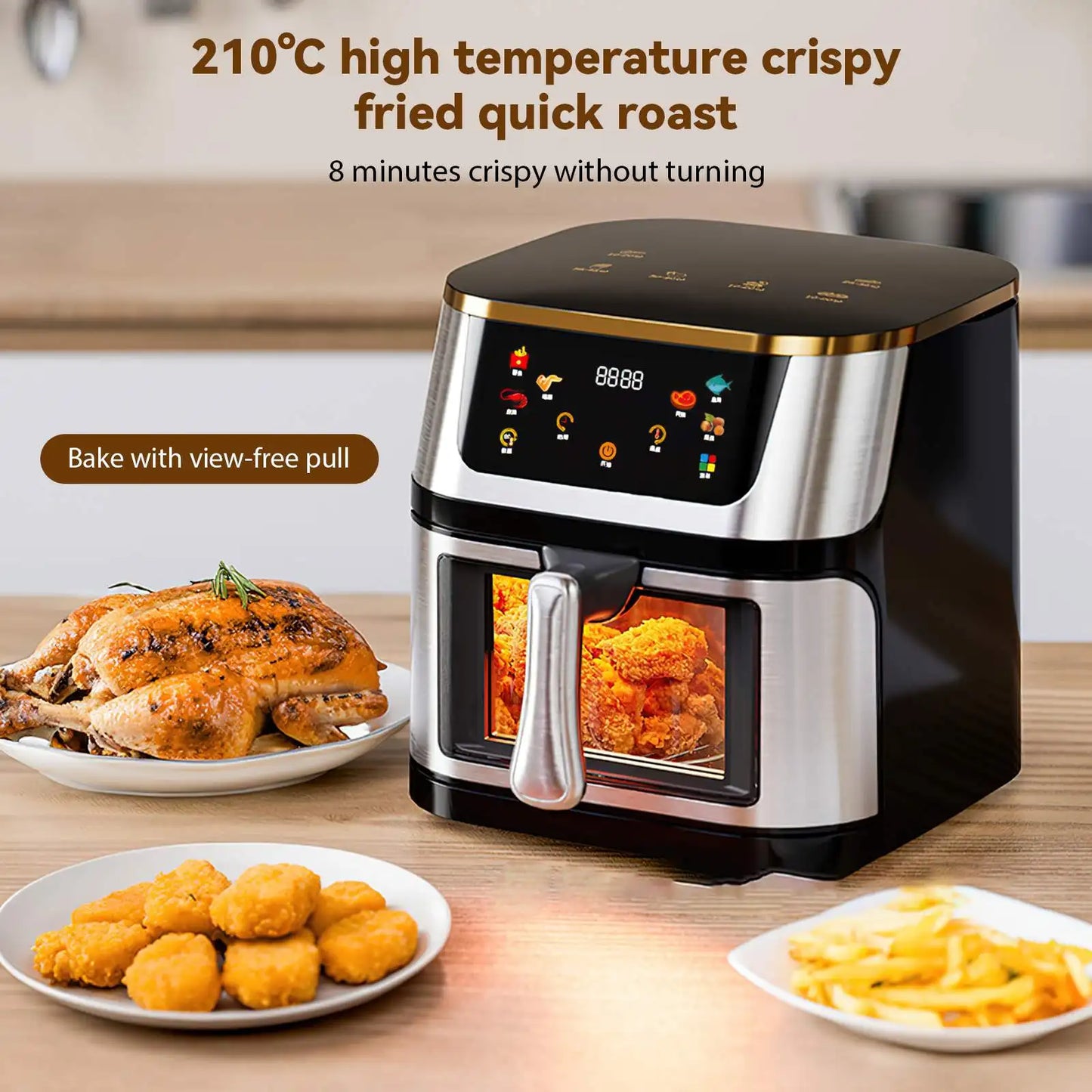 Friteuse à air rapide sans huile 1400W, four électrique grande capacité, température réglable à 210 ℃, acier inoxydable, écran tactile,