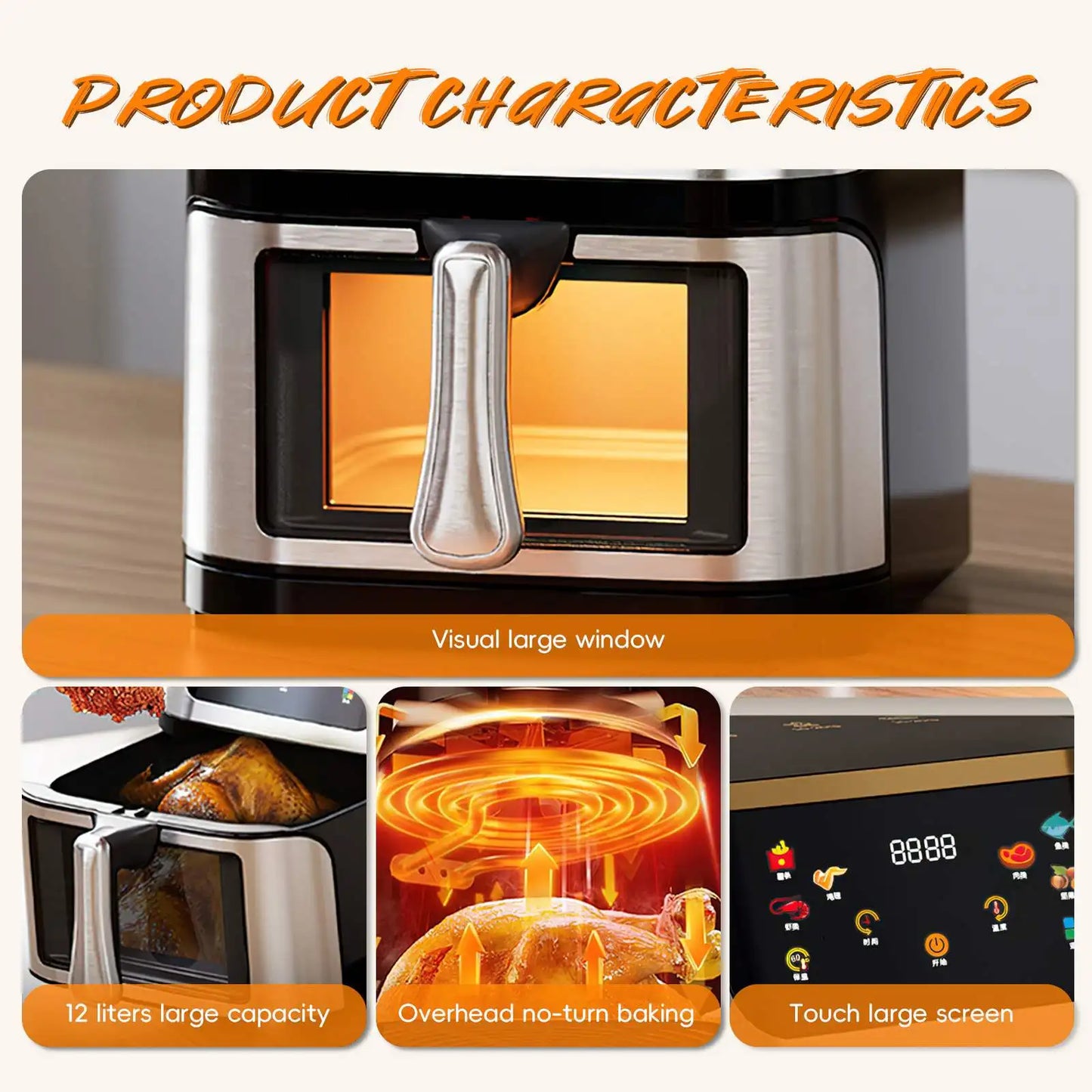 Friteuse à air rapide sans huile 1400W, four électrique grande capacité, température réglable à 210 ℃, acier inoxydable, écran tactile,