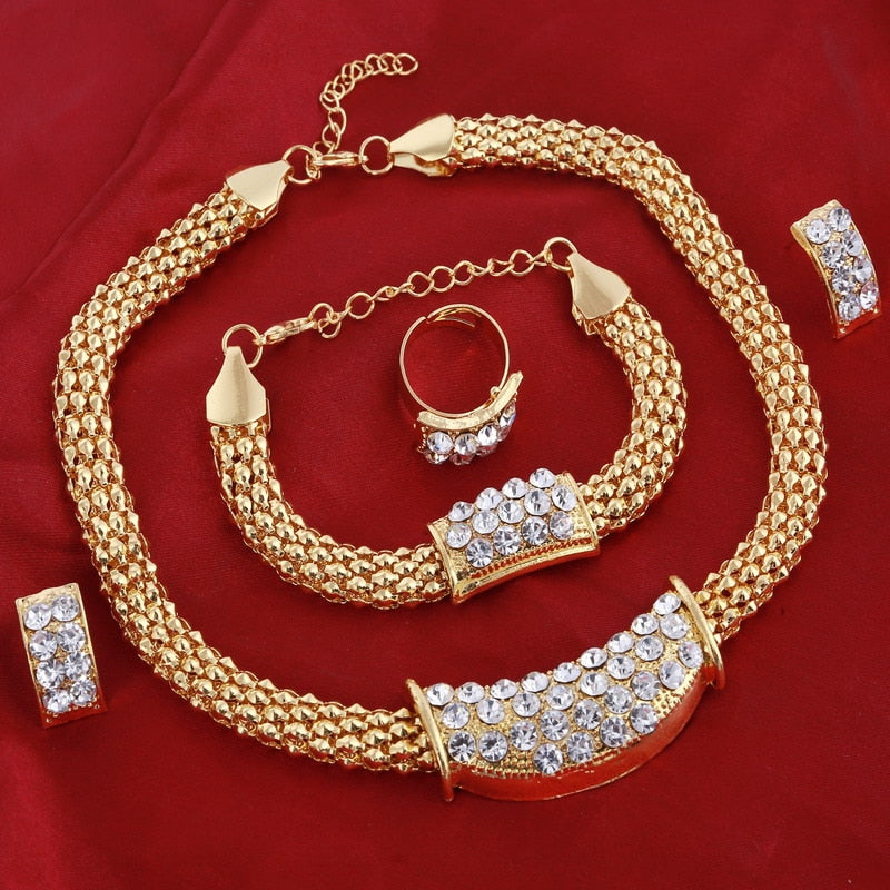 Parure de bijoux doré, Ensemble de collier, bracelet, boucle d'oreille et bague