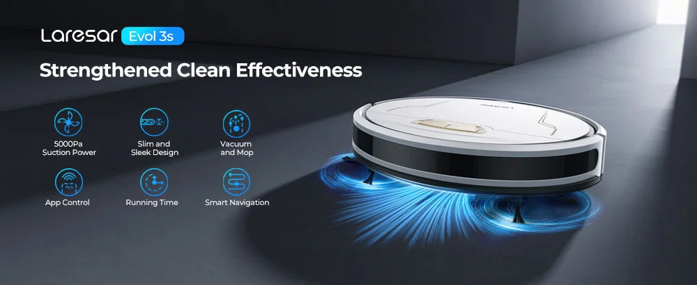 Laresar Clean Robot Aspirador y Fregasuelos, 4000Pa Aspirador Robot, Robot Limpieza Automática 3 en 1, Batería de Larga Duración, Compatible con Alexa/WiFi/App,para Pelo de Mascotas,Piso (Evol 3s)