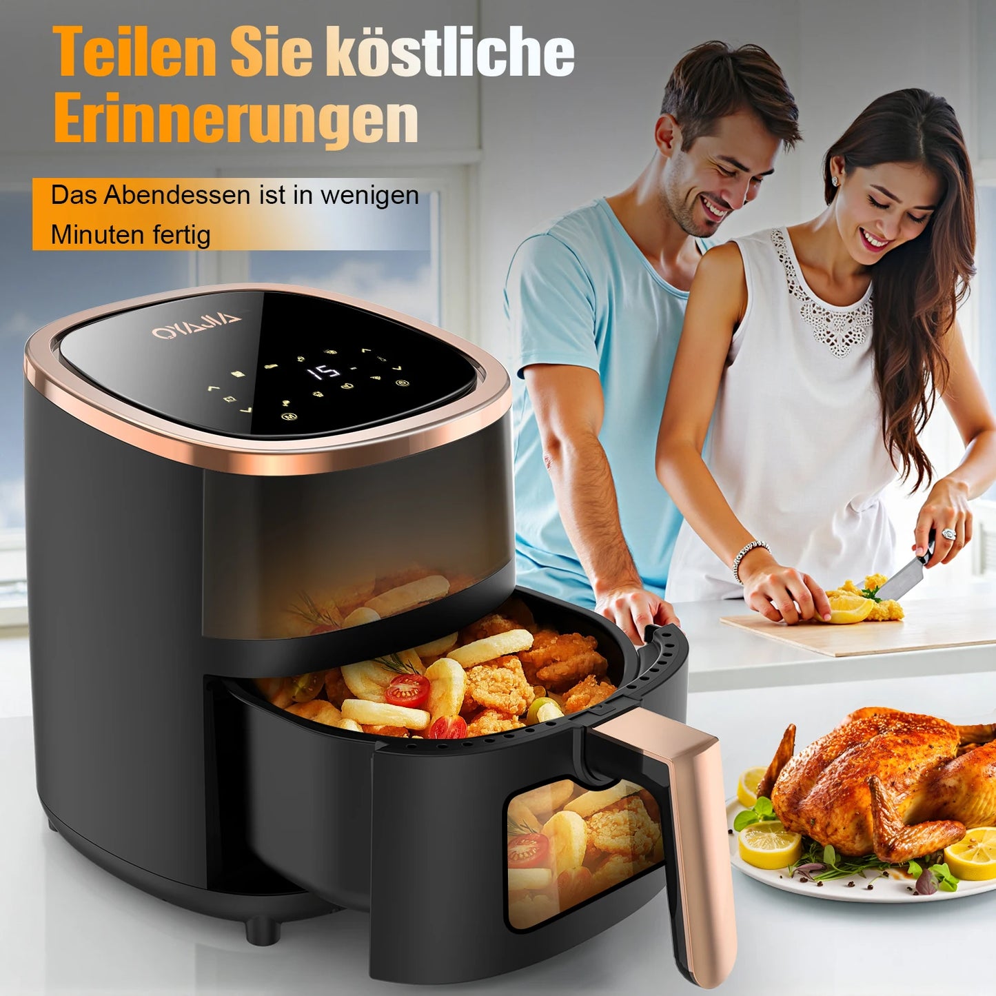 Airfryer , Friteuse à air multifonction 1800 W 6 L avec hublot, 8 modes de cuisson, affichage numérique et minuterie