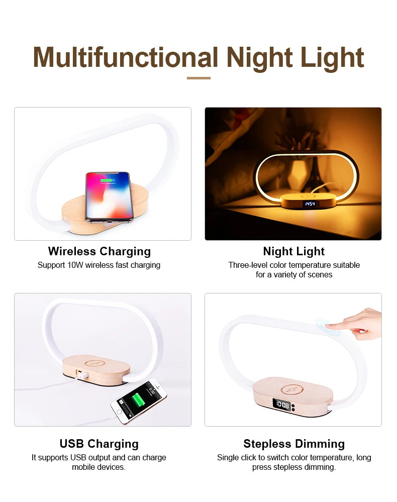 Chargeur sans fil de décoration de table avec veilleuse et horloge Chargeur de téléphone rapide pour tout téléphone à  chargement sans fil