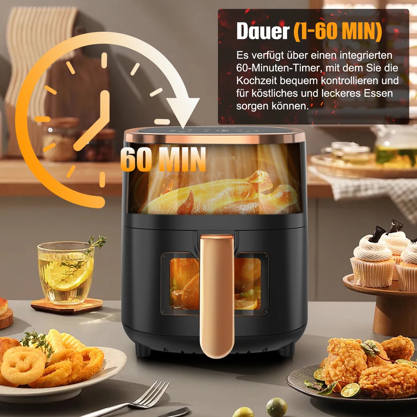 Airfryer , Friteuse à air multifonction 1800 W 6 L avec hublot, 8 modes de cuisson, affichage numérique et minuterie