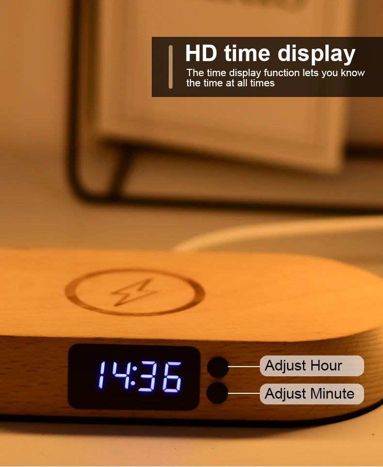 Chargeur sans fil de décoration de table avec veilleuse et horloge Chargeur de téléphone rapide pour tout téléphone à  chargement sans fil