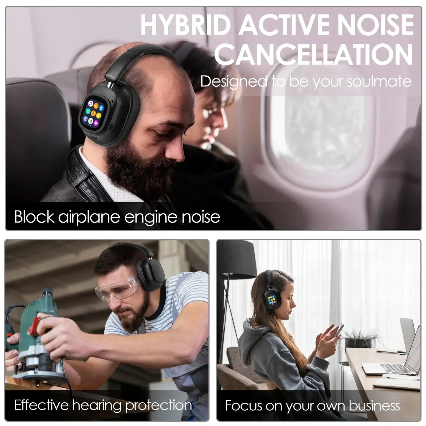 Casque hybride sans fil Siindoo JH-ANC930Plus, réduction active du bruit, avec écran LED tactile multi-magnétique