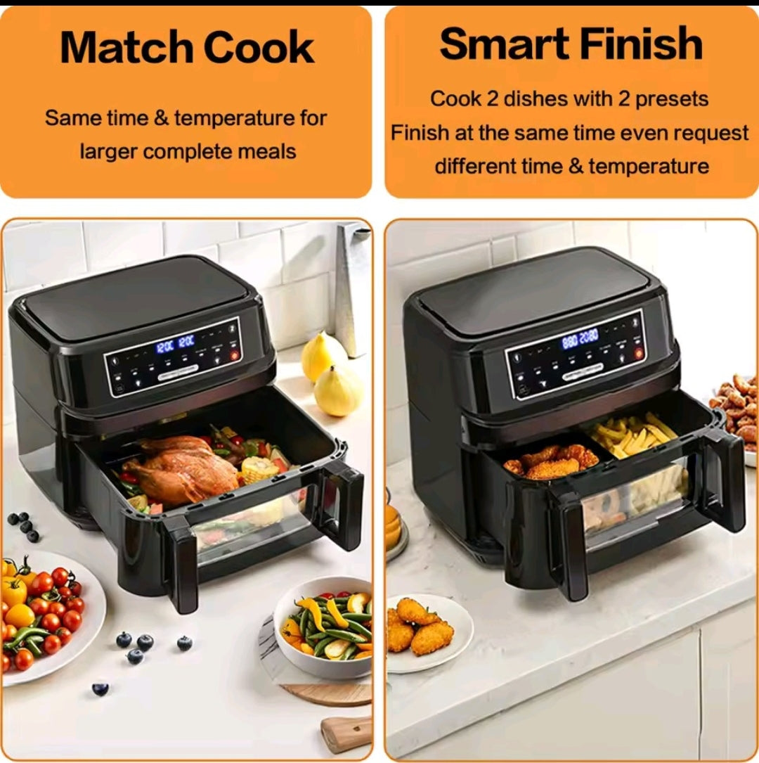 Friteuse à air chaud, air fryer, grande capacité 12L à une ou double chambre réglable avec écran tactile et 8 programmes
