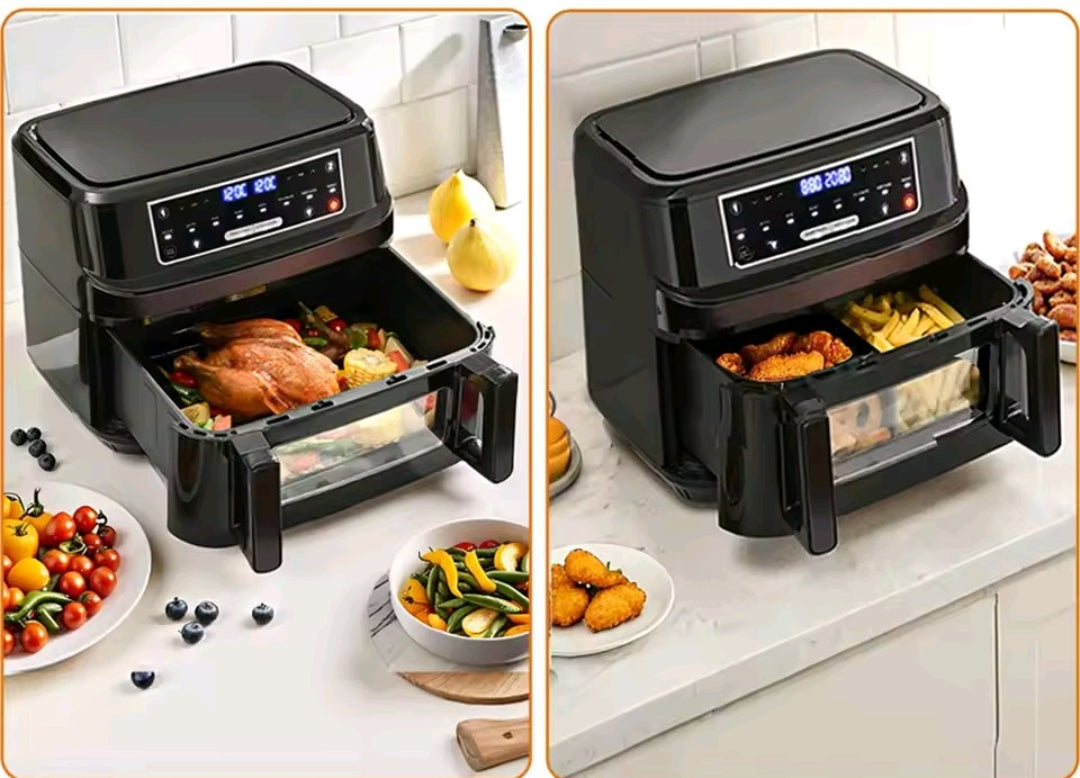 Friteuse à air chaud, air fryer, grande capacité 12L à une ou double chambre réglable avec écran tactile et 8 programmes
