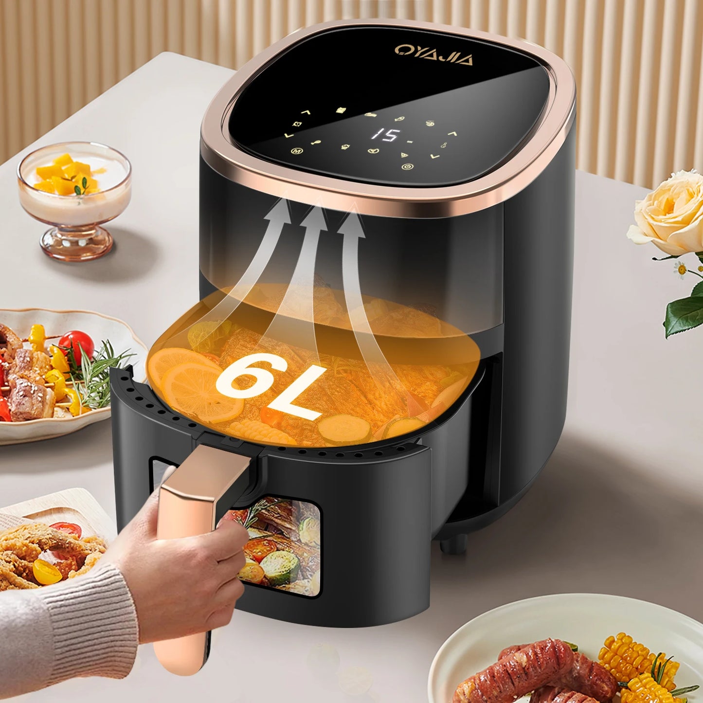 Airfryer , Friteuse à air multifonction 1800 W 6 L avec hublot, 8 modes de cuisson, affichage numérique et minuterie